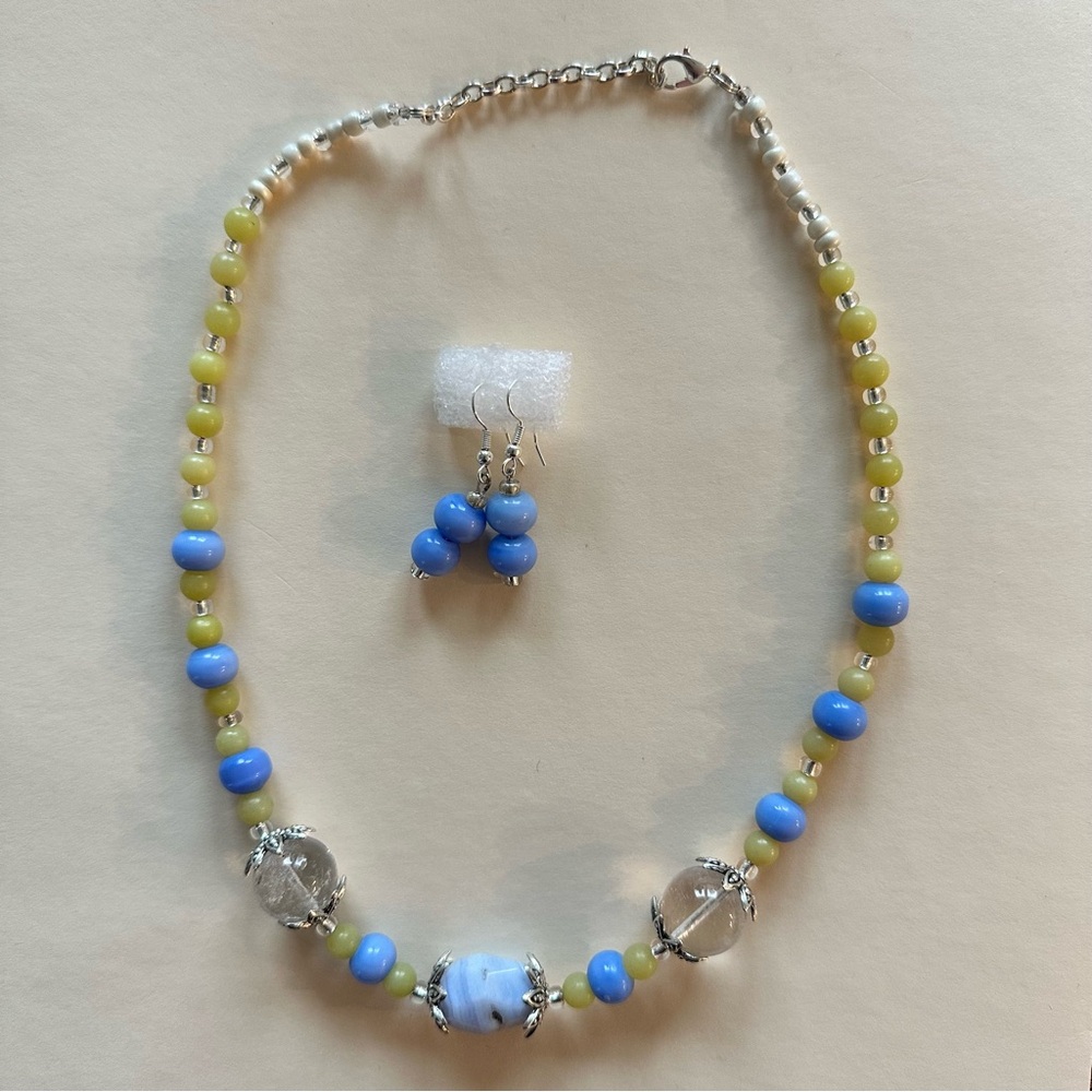 Handcrafted Blue and Lime Bead Necklace & Earring Set agate, serpentine, quartz